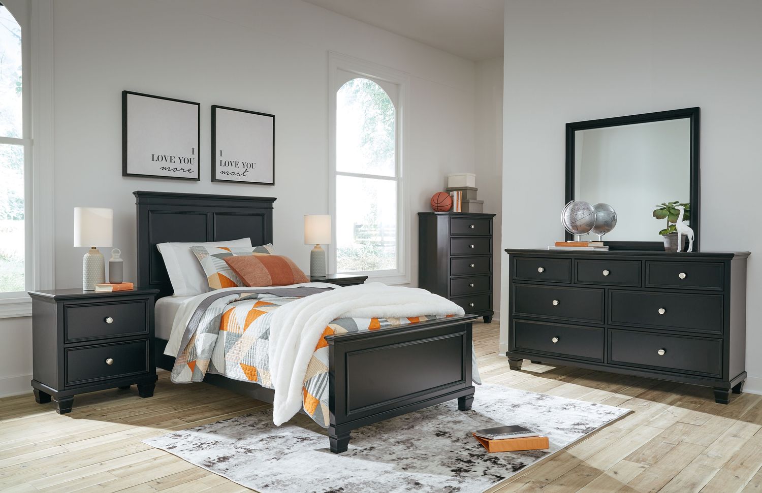 Lanolee - Black - 7 Pc. - Dresser, Mirror, Twin Panel Bed, 2 Nightstands