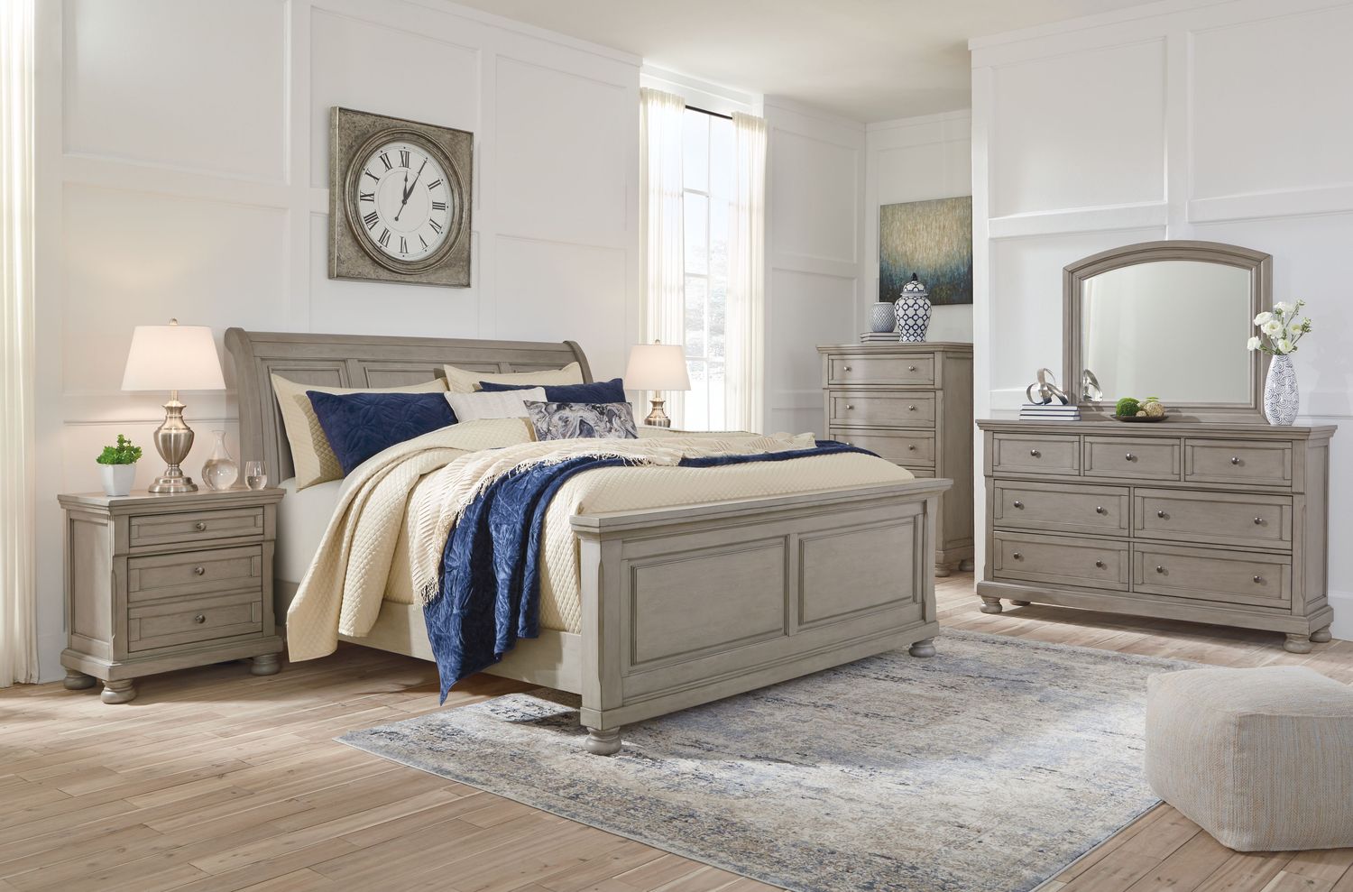 Lettner - Light Gray - California King Sleigh Bed - 5 Pc. - Dresser, Mirror, Cal King Bed