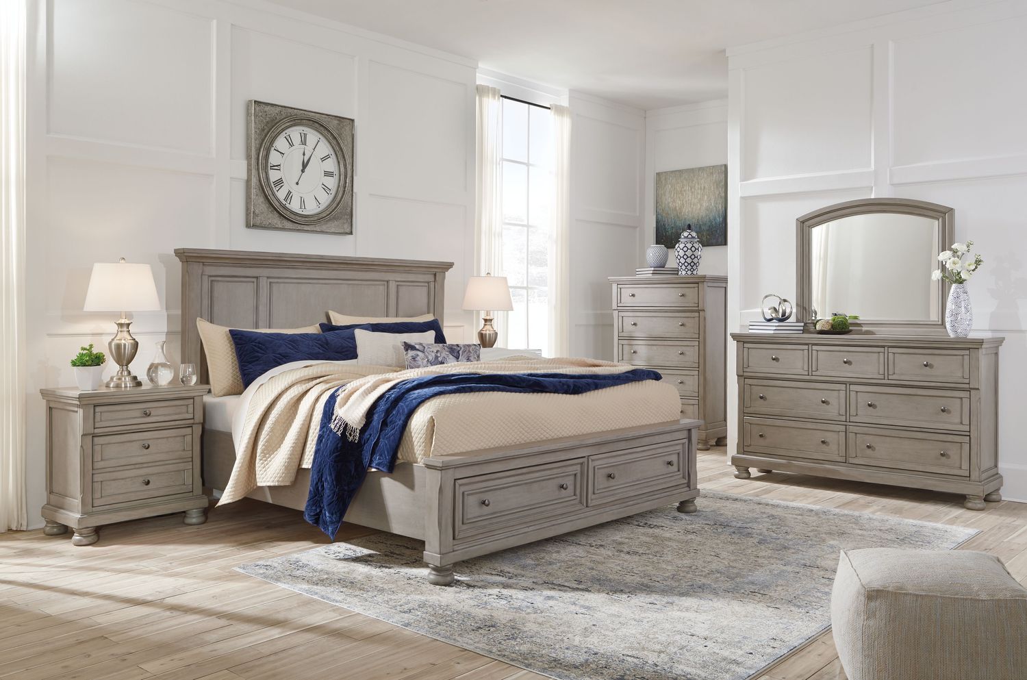 Lettner - Light Gray - King Panel Storage Bed - 5 Pc. - Dresser, Mirror, King Bed