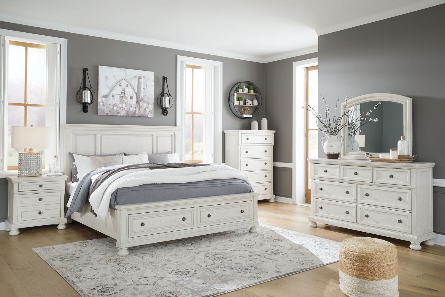 Robbinsdale - Antique White - 6 Pc. - Dresser, Mirror, Chest, King Panel Storage Bed