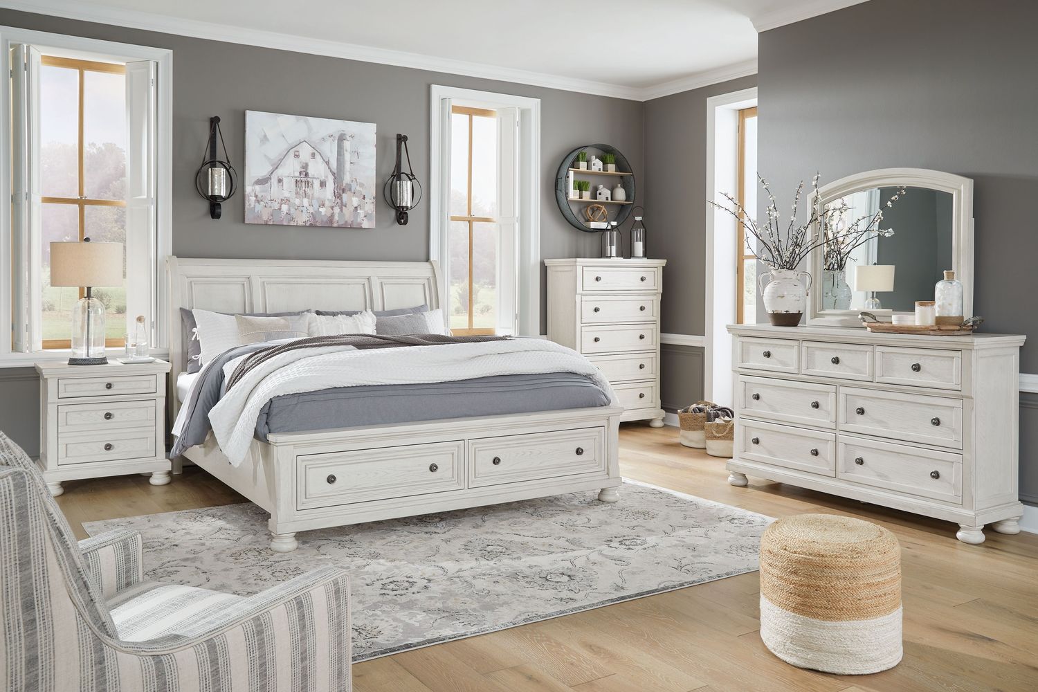 Robbinsdale - Antique White - 8 Pc. - Dresser, Mirror, Chest, California King Sleigh Bed With 2 Storage Drawers, 2 Nightstands