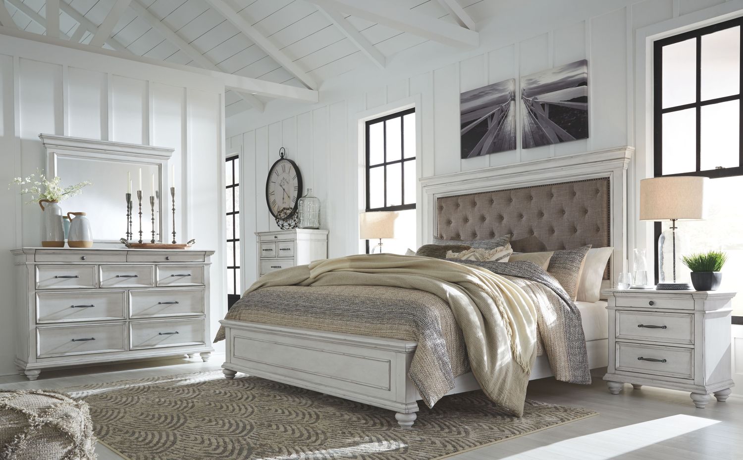 Kanwyn - Whitewash - 6 Pc. - Dresser, Mirror, Chest, California King Panel Upholstered Bed