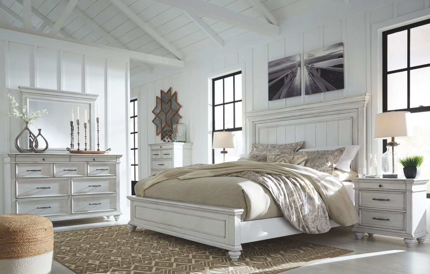 Kanwyn - Whitewash - 6 Pc. - Dresser, Mirror, Chest, Queen Panel Bed