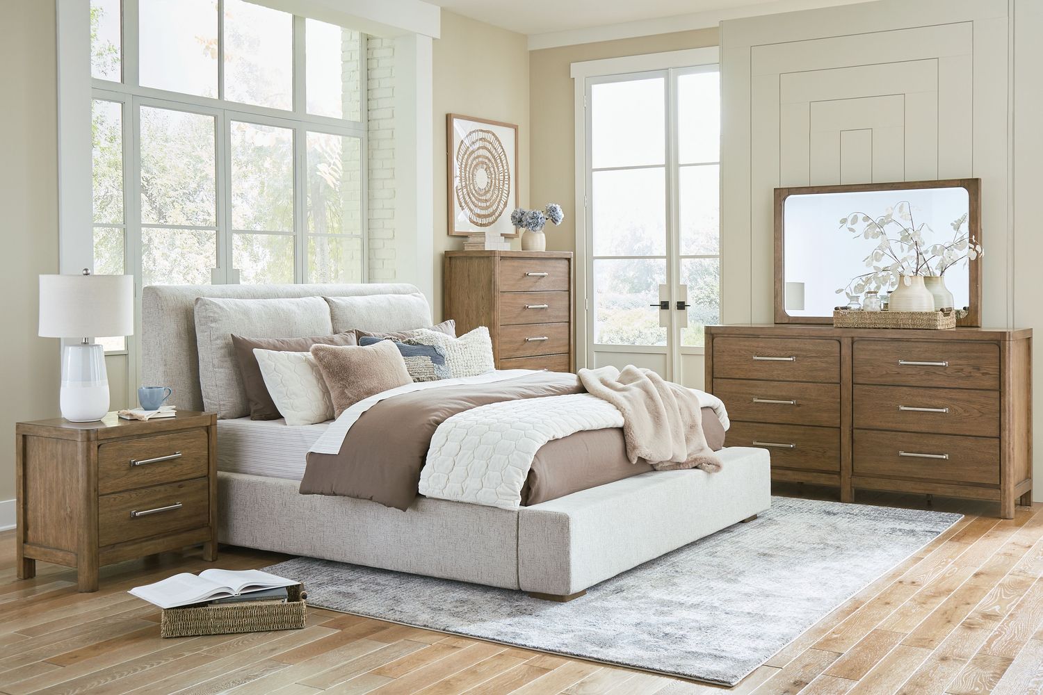 Cabalynn - Light Brown - 7 Pc. - Dresser, Mirror, Chest, Queen Upholstered Bed, 2 Nightstands