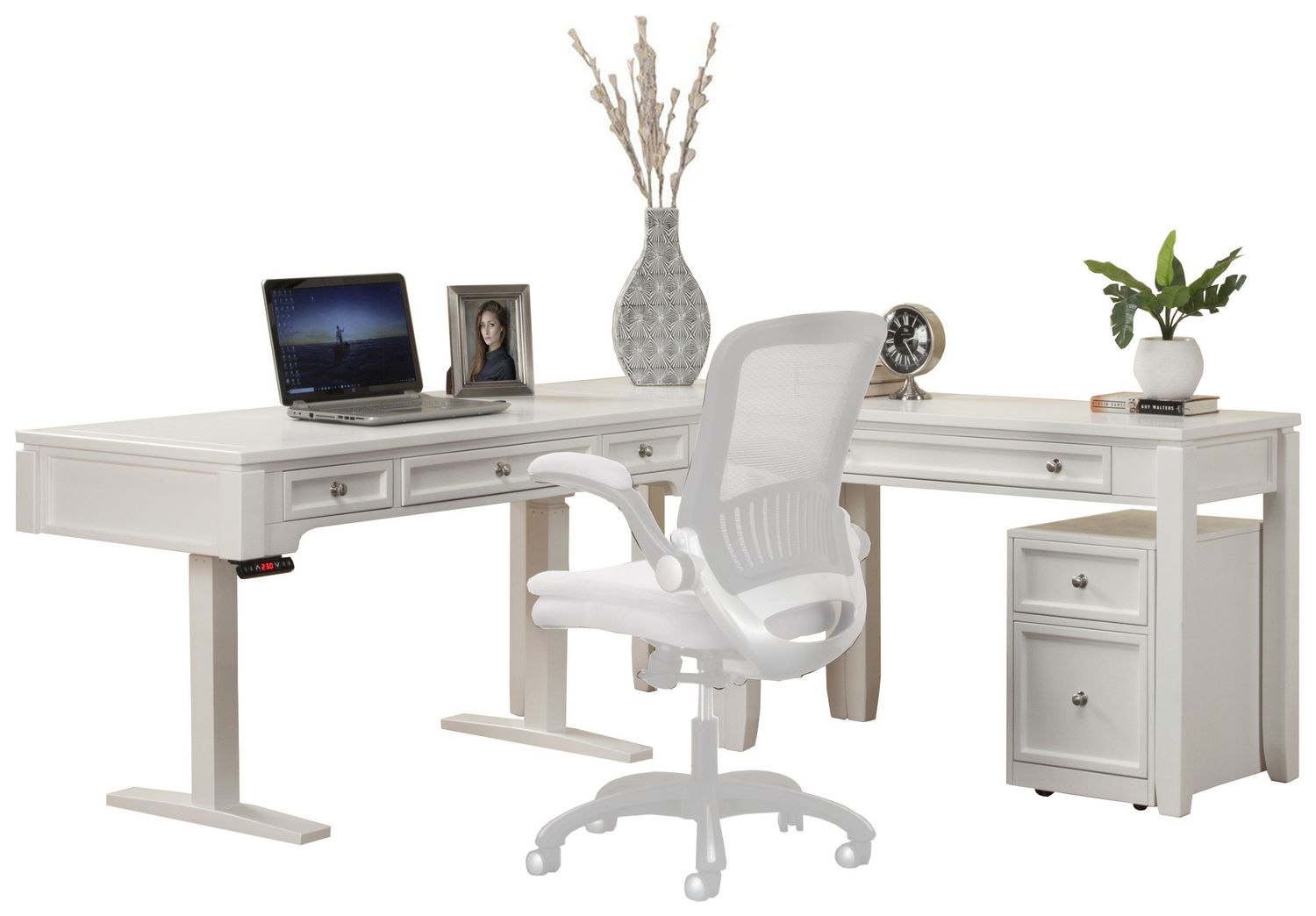 Boca - Power Lift L Shape Desk With File - Cottage White