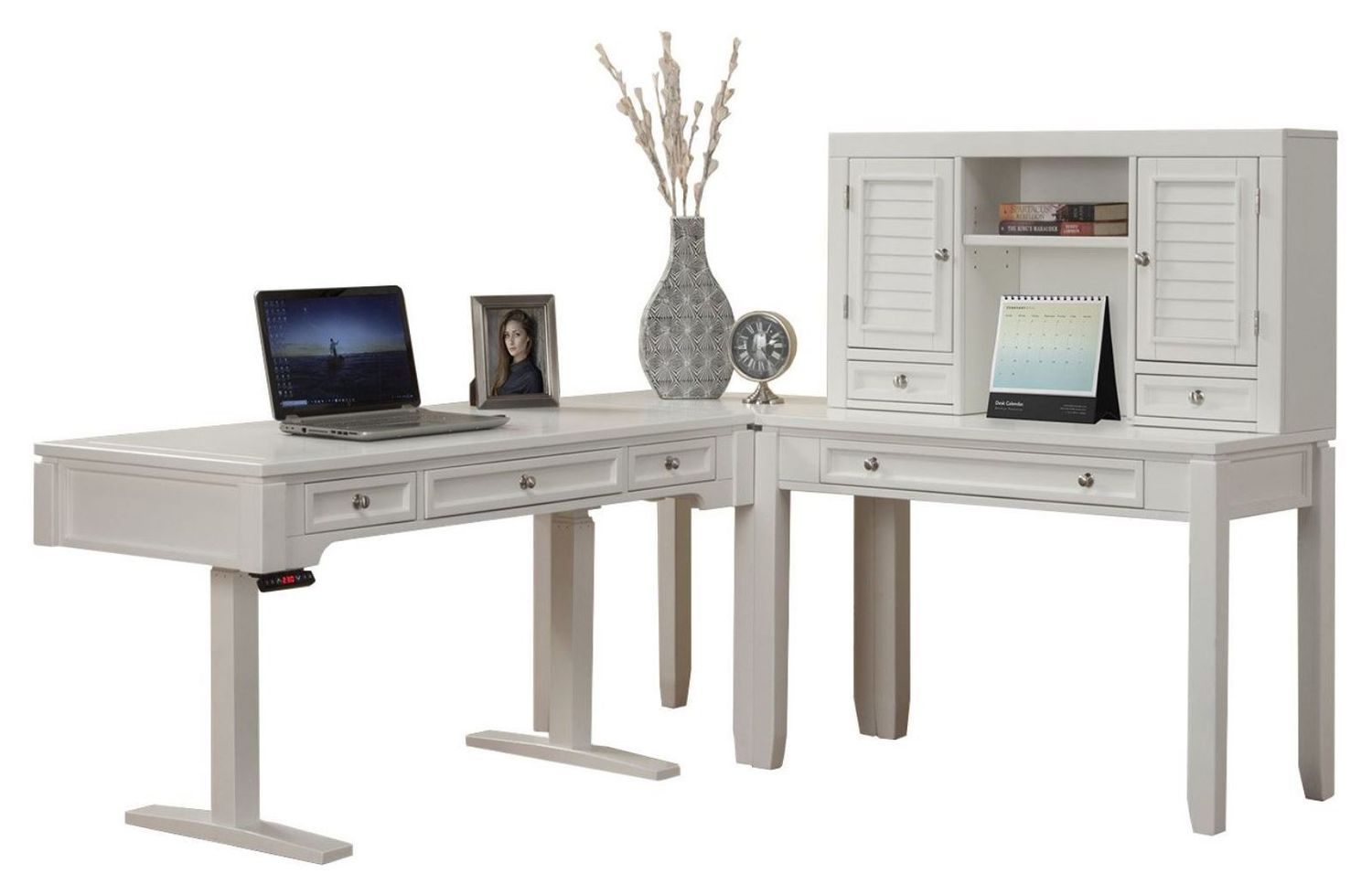 Boca - Power Lift L Shape Desk With Hutch - Cottage White