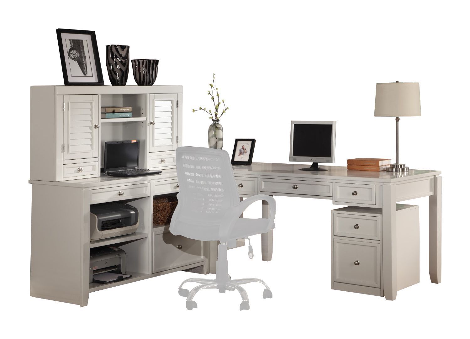 Boca - L Shape Desk With File Credenza And Hutch - Cottage White