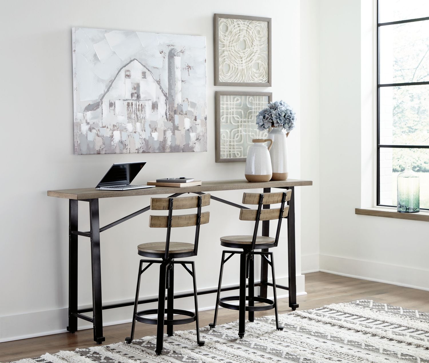 Lesterton - Light Brown / Black - 3 Pc. - Long Counter Table, 2 Bar Stools