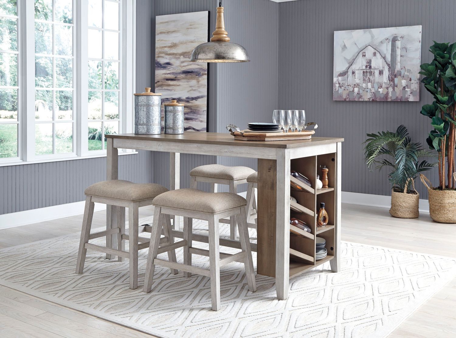 Skempton - White - 5 Pc. - Counter Table, 4 Upholstered Stools