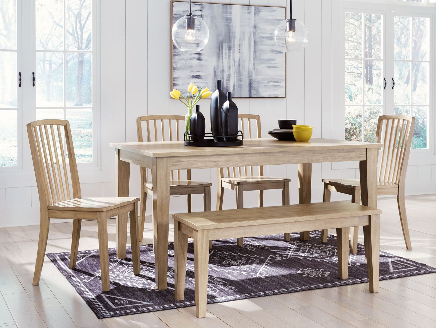 Gleanville - Light Brown - 6 Pc. - Rectangular Dining Room Table, 4 Side Chairs, Large Bench