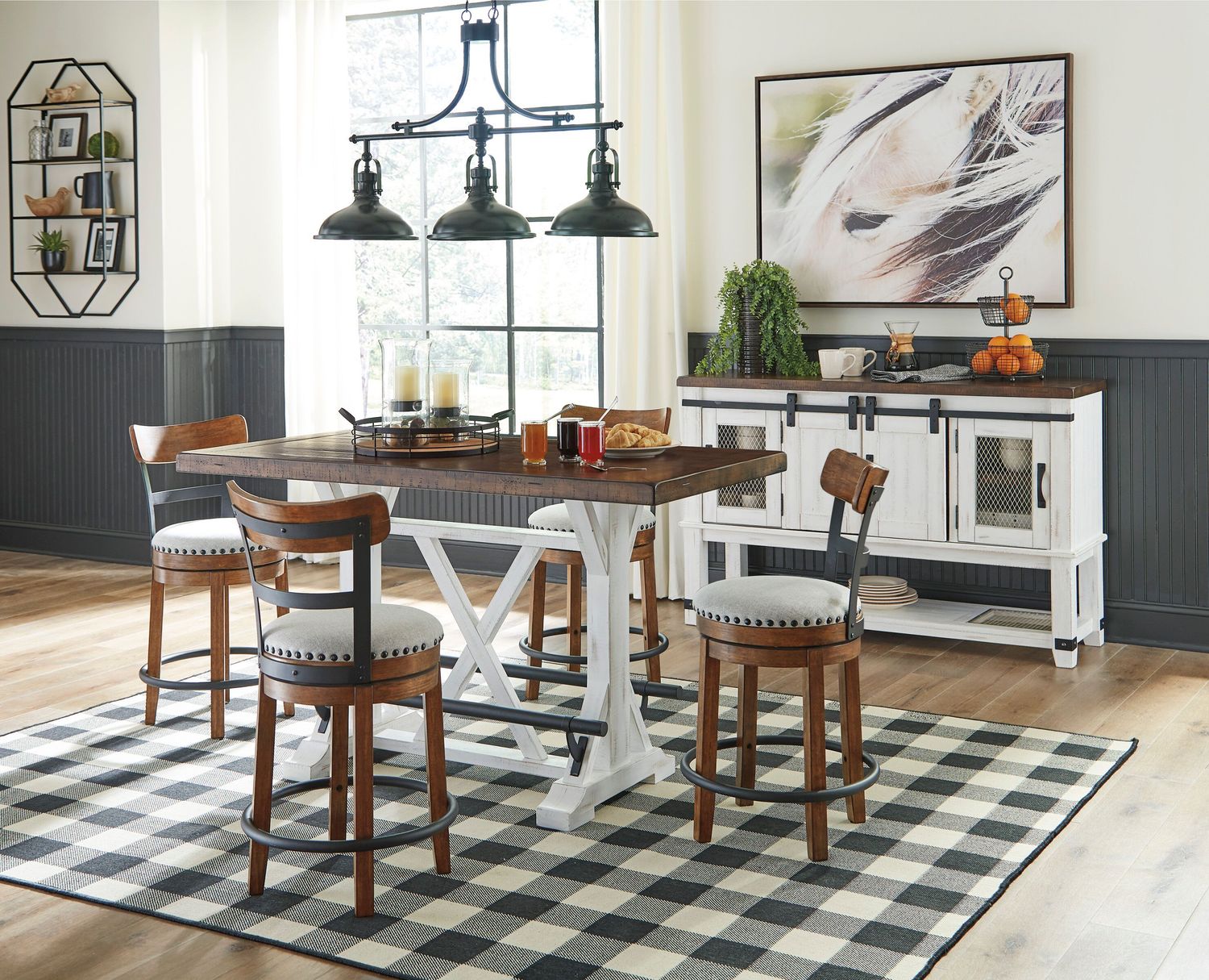 Valebeck - White - 6 Pc. - Counter Table, 4 Counter Barstools, Server