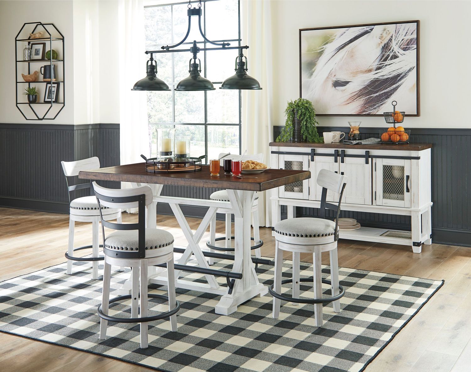 Valebeck - White - 6 Pc. - Counter Table, 4 Swivel Barstools, Server