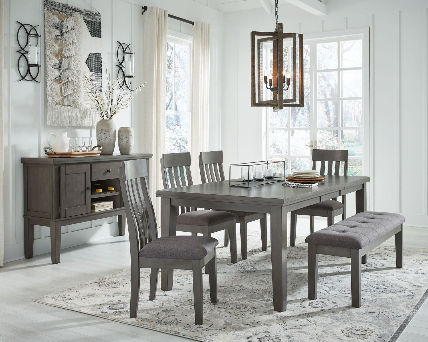 Hallanden - Black / Gray - 7 Pc. - Extension Table, 4 Side Chairs, Bench, Server
