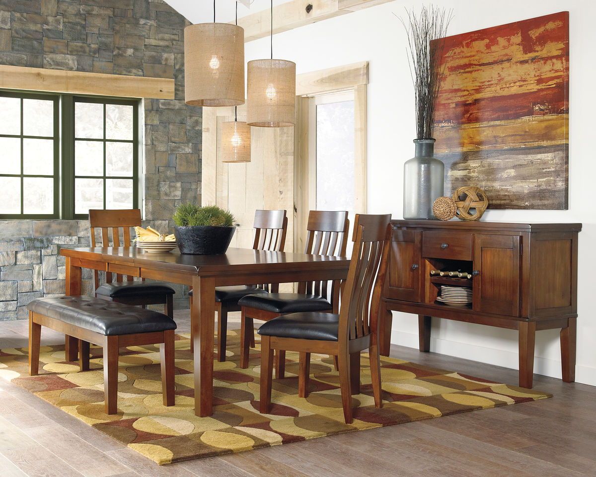 Ralene - Light Brown - 7 Pc. - Extension Table, 4 Barstools, Bench, Server