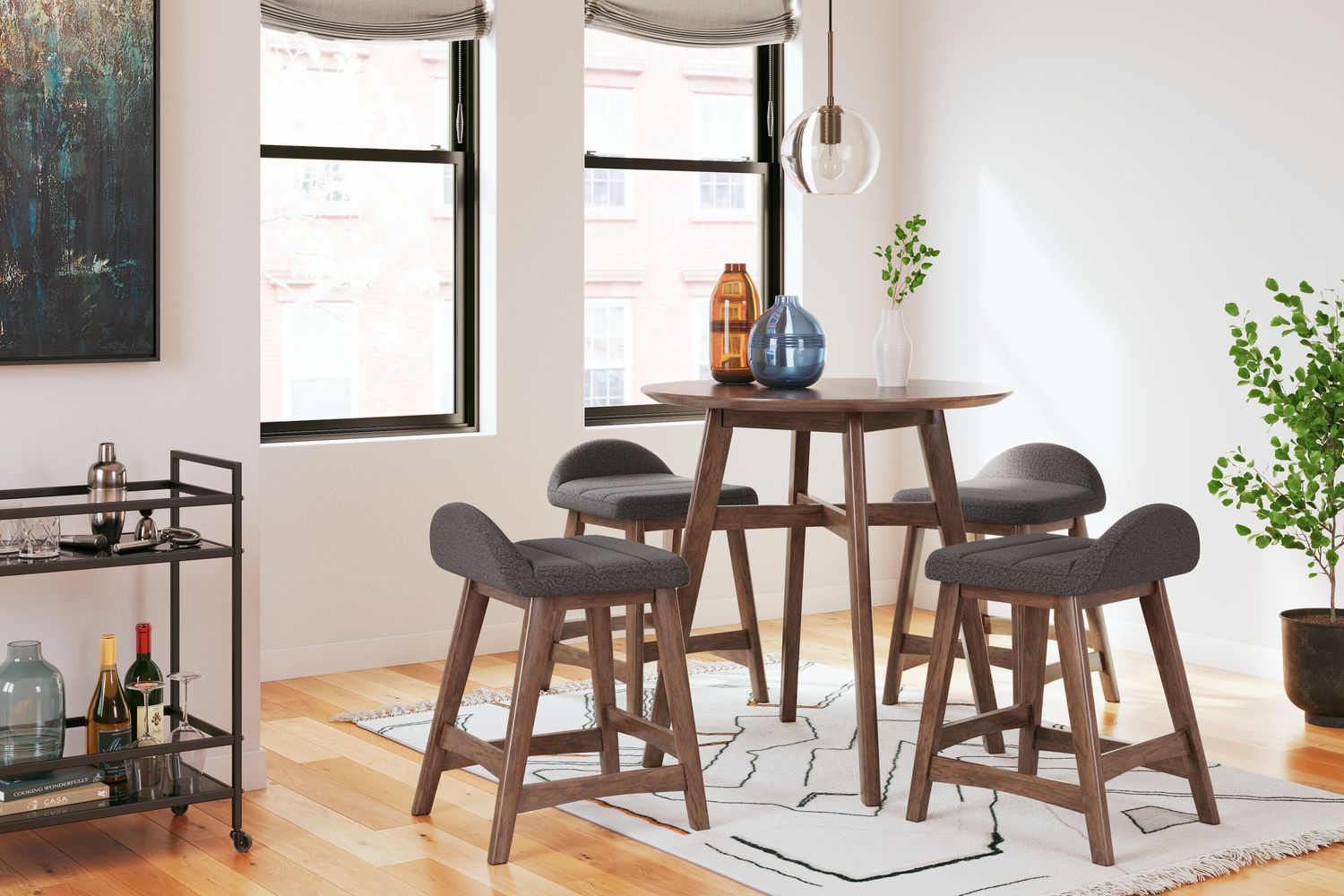 Lyncott - Charcoal / Brown - 5 Pc. - Counter Table, 4 Upholstered Barstools