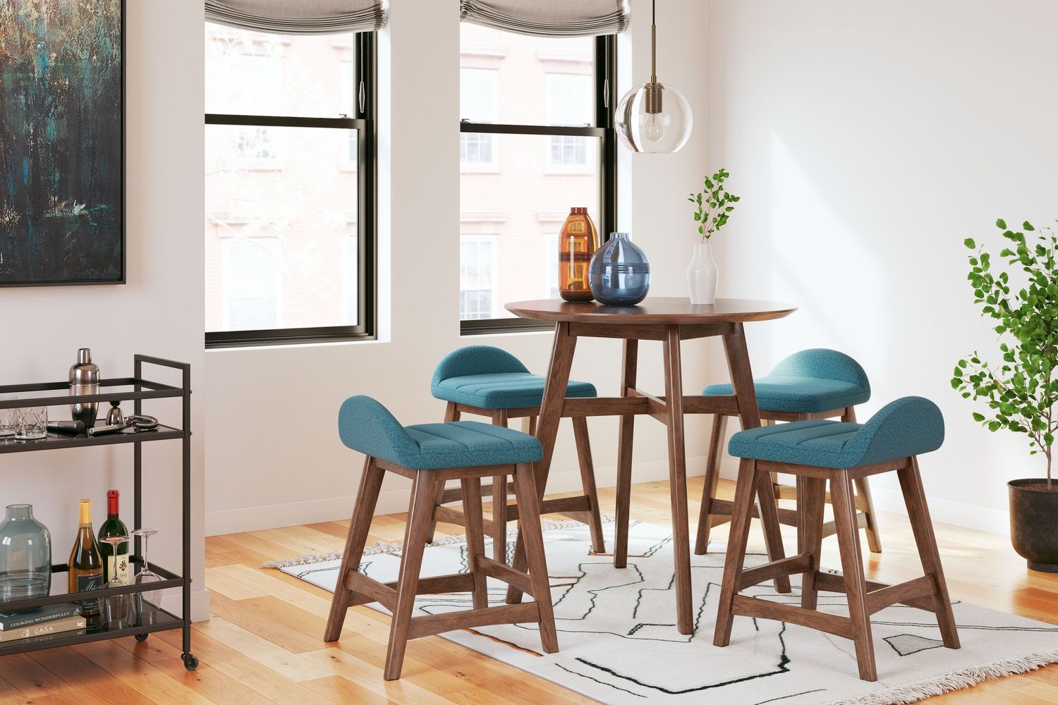 Lyncott - Blue / Brown - 5 Pc. - Counter Table, 4 Upholstered Barstools