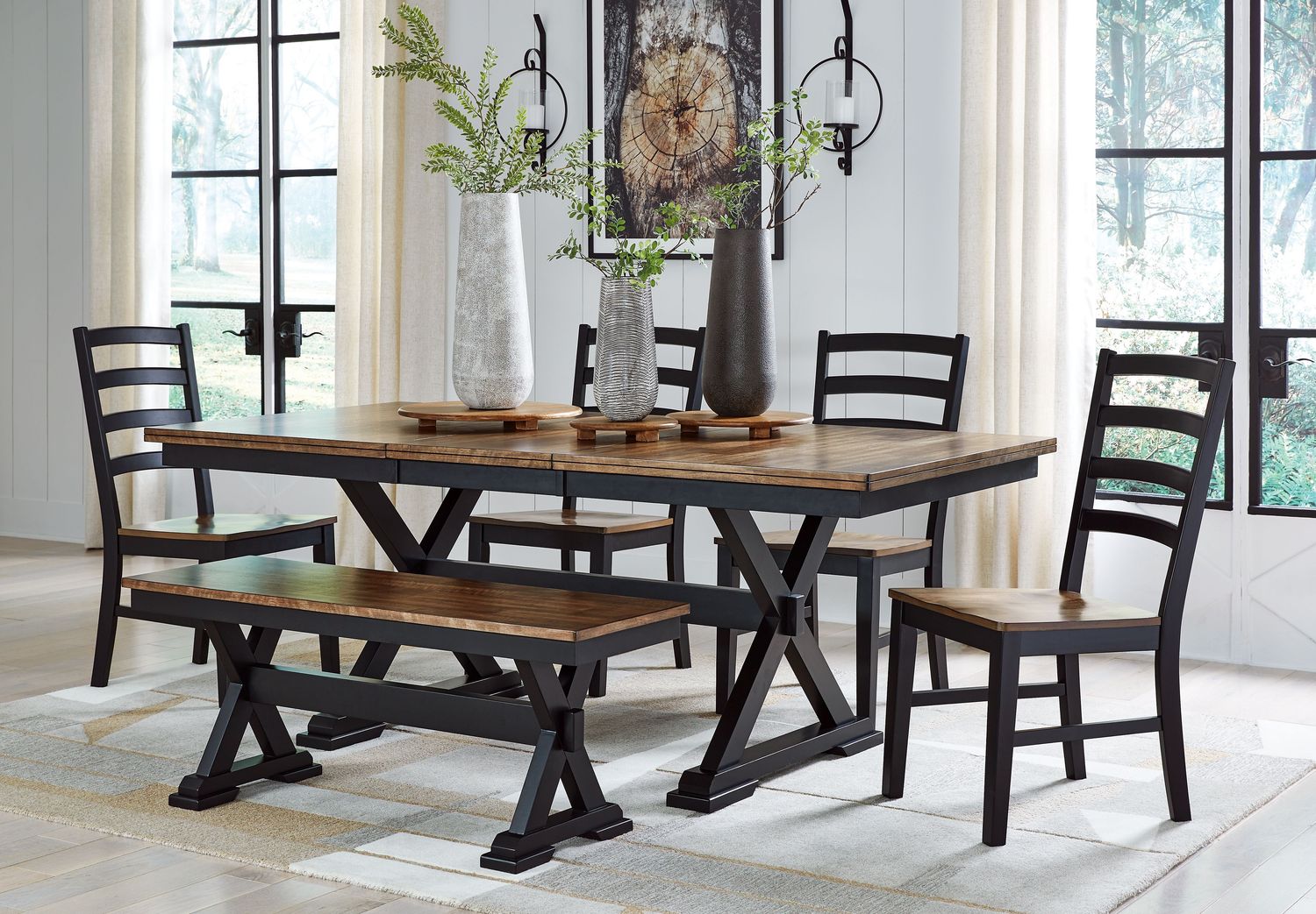 Wildenauer - Brown / Black - 6 Pc. - Extension Table, 4 Side Chairs, Bench