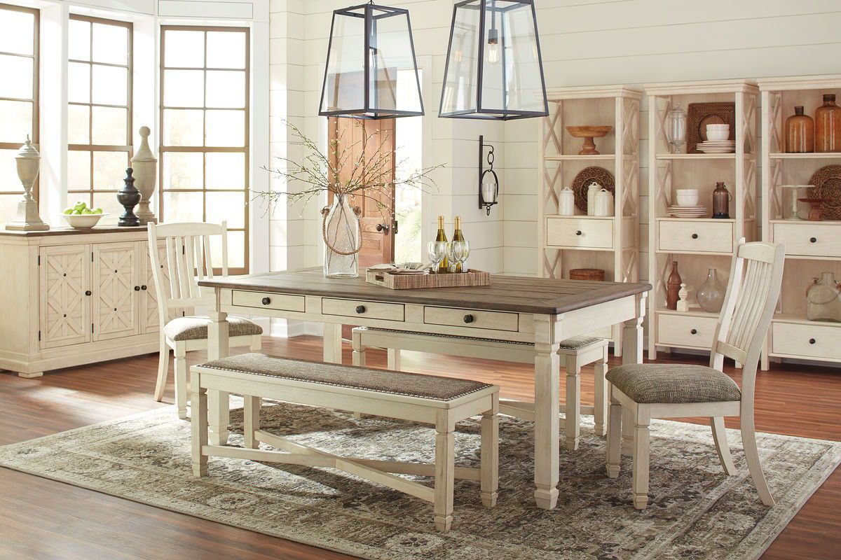 Bolanburg - Beige - 9 Pc. - Dining Room Table, 2 Side Chairs, Bench (2), Server, 3 Cabinets
