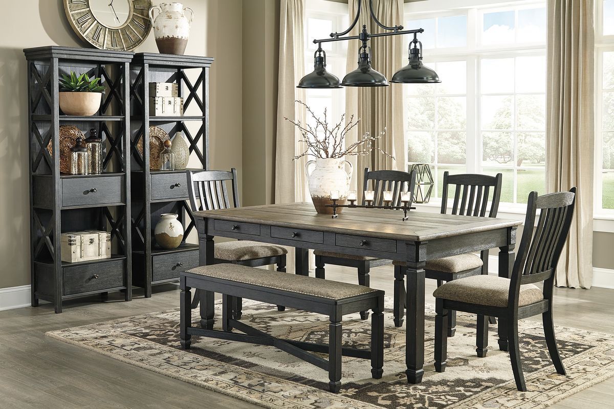 Tyler Creek - Dark Gray - 8 Pc. - Dining Room Table, 4 Side Chairs, Bench, 2 Cabinets