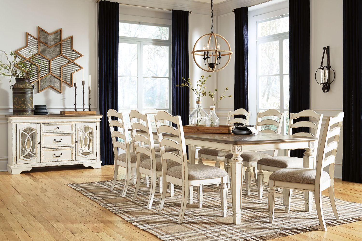 Realyn - White - 10 Pc. - Extension Table, 8 Ladderback Side Chairs, Server