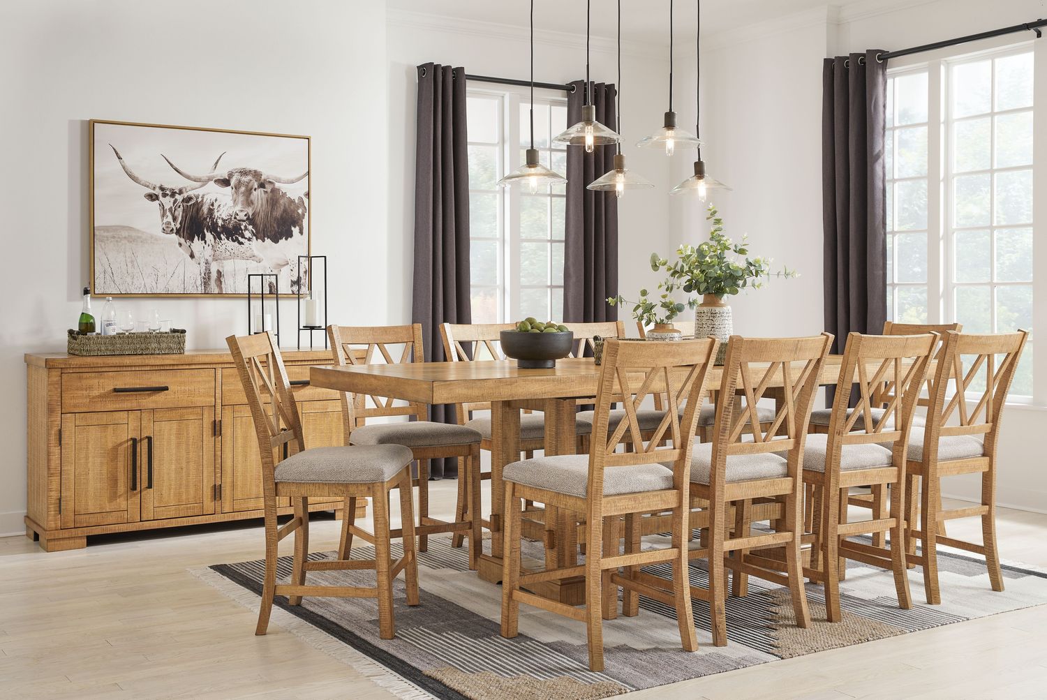 Havonplane - Brown - 12 Pc. - Counter Extension Table, 10 Upholstered Barstools, Server