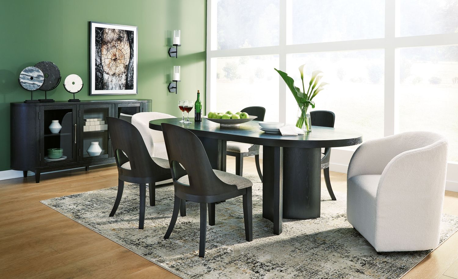 Rowanbeck - Black - 8 Pc. - Dining Table, 4 Side Chairs, 2 Arm Chairs, Server