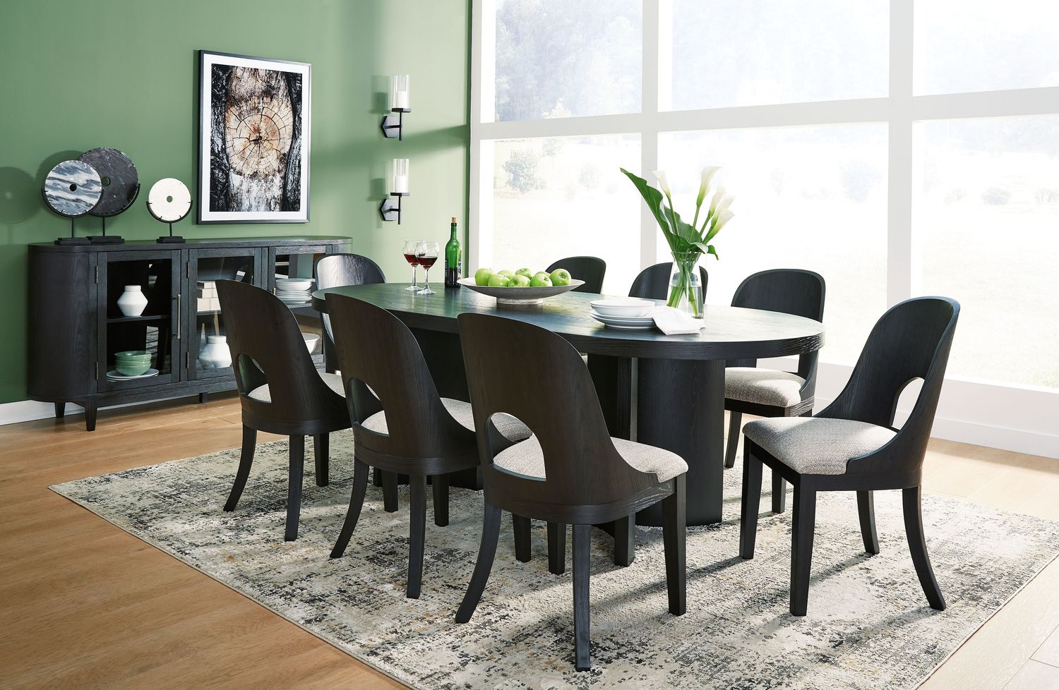 Rowanbeck - Black - 10 Pc. - Dining Table, 8 Side Chairs, Server