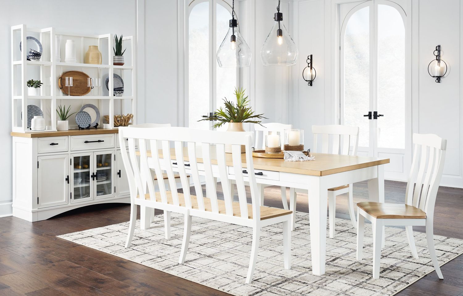 Ashbryn - White / Natural - 8 Pc. - Dining Table, 4 Side Chairs, Double Dining Chair, Server And Hutch