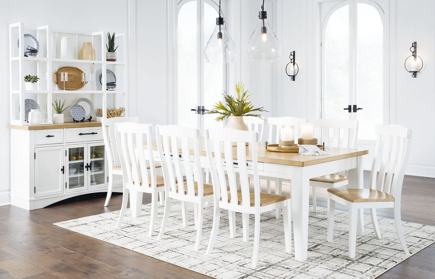 Ashbryn - White / Natural - 11 Pc. - Dining Table, 8 Side Chairs, Server And Hutch