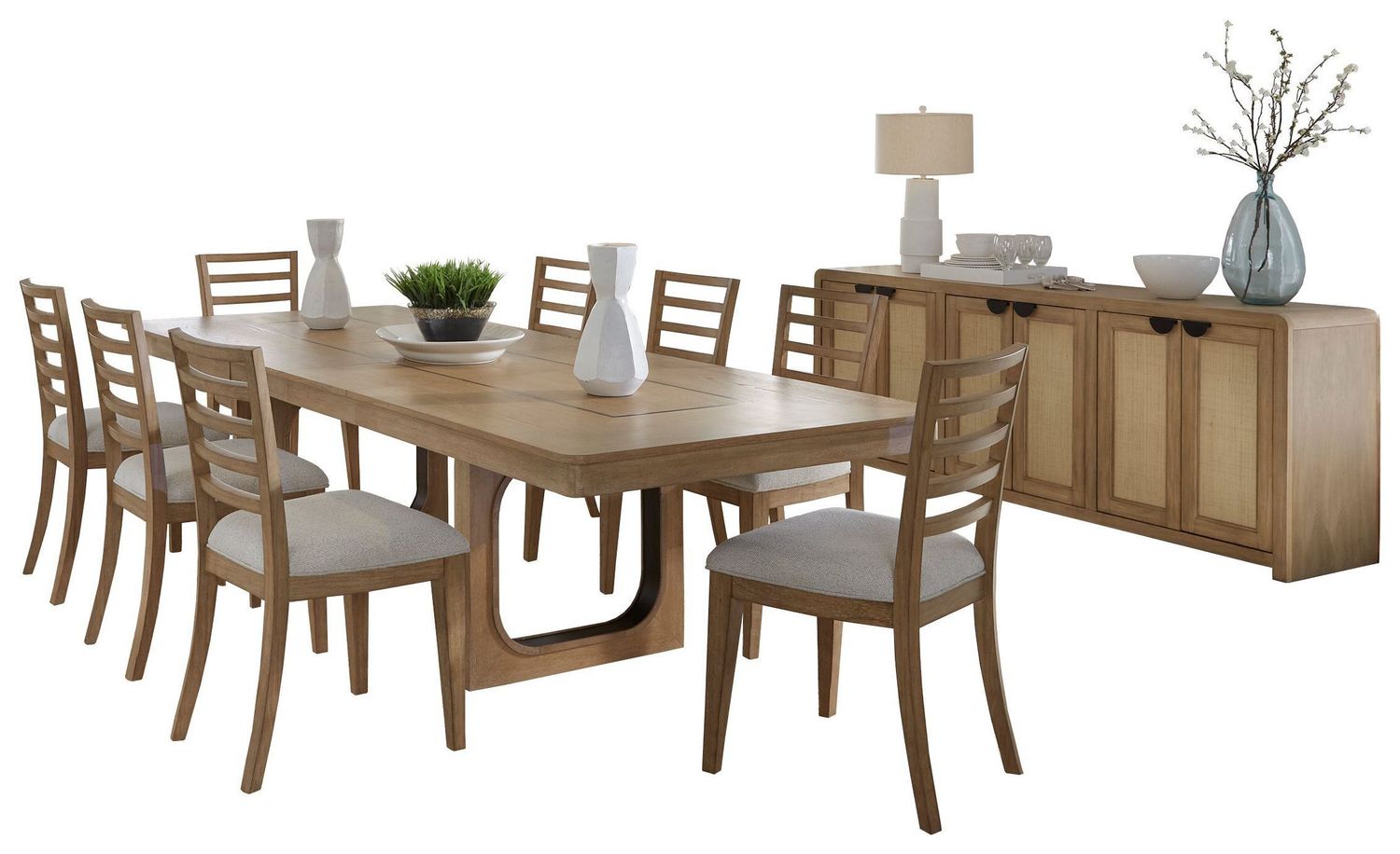 Escape - Dining 84 In. Rectangular Extendable Table With Console & 8 Ladderback Chairs - Mirage Mist