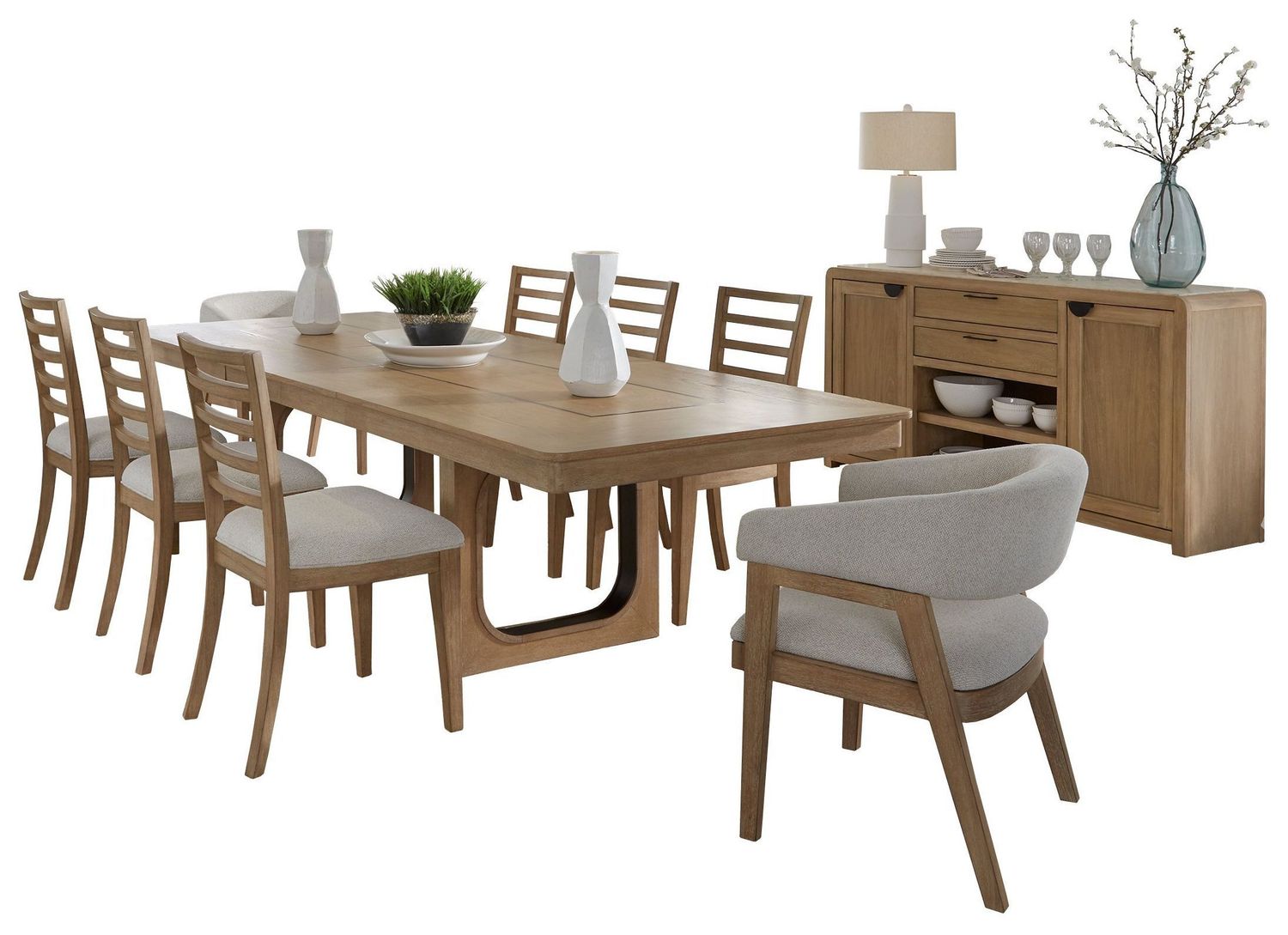 Escape - Dining 84 In. Rectangular Extendable Table With 8 Chairs And Server - Mirage Mist