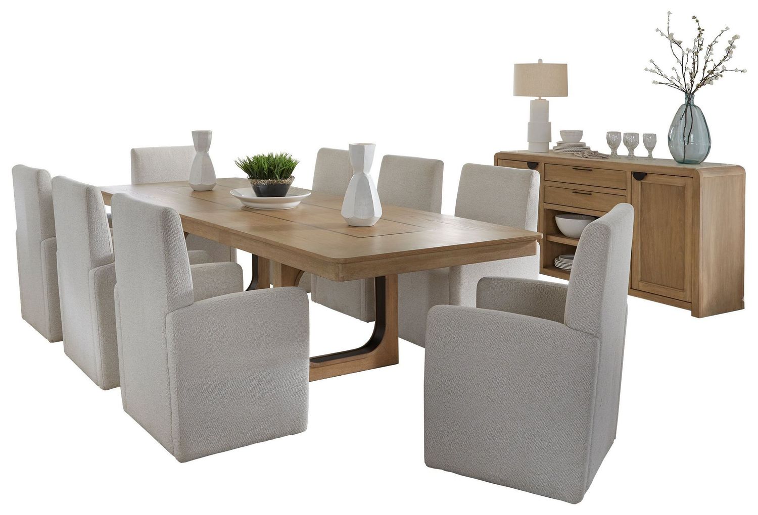 Escape - Dining 84" Rectangular Table With Console & 8 Caster Chairs - Glazed Natural Oak
