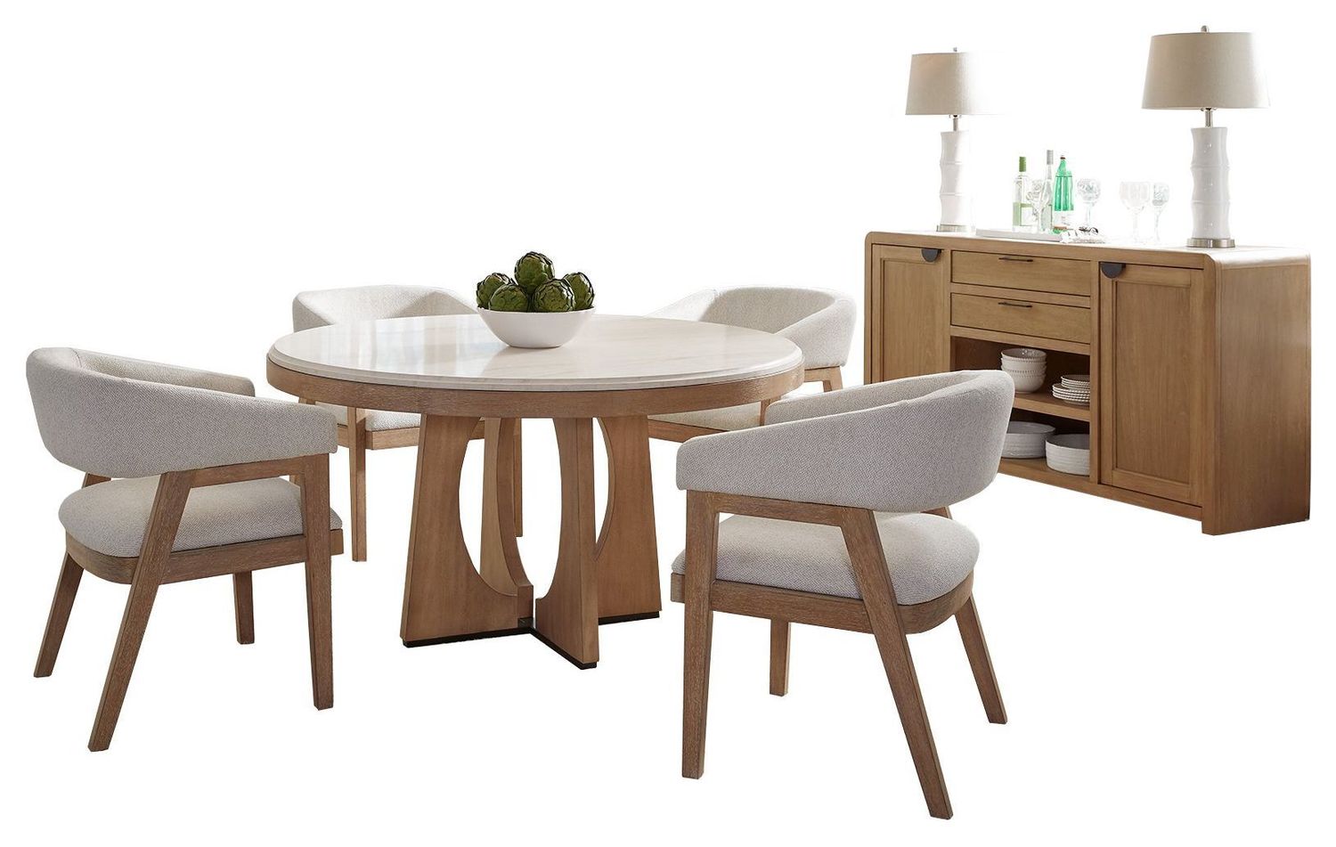 Escape - Dining 54" Round Table With Buffet Server & 4 Barrel Chairs - Glazed Natural Oak