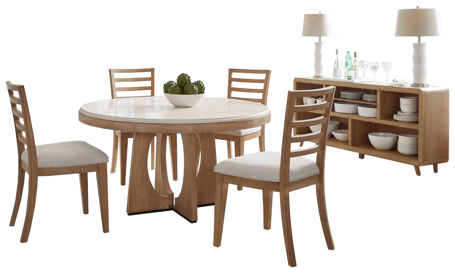 Escape - Dining 54" Round Table With Console & 4 Ladderback Chairs - Glazed Natural Oak
