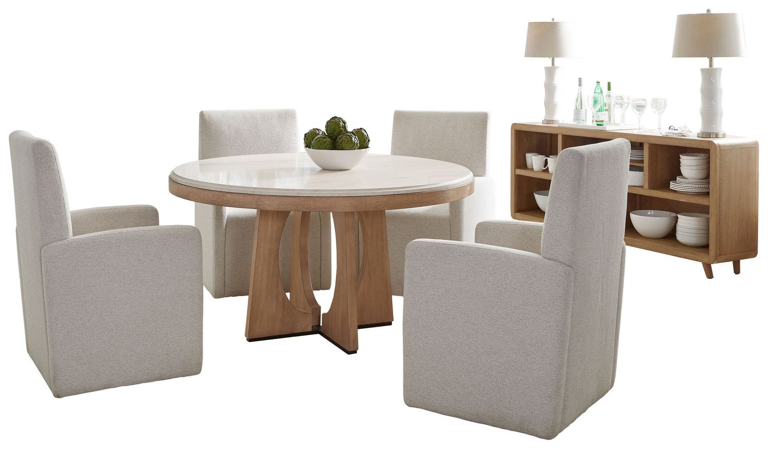 Escape - Dining 54" Round Table With Console & 4 Caster Chairs - Glazed Natural Oak
