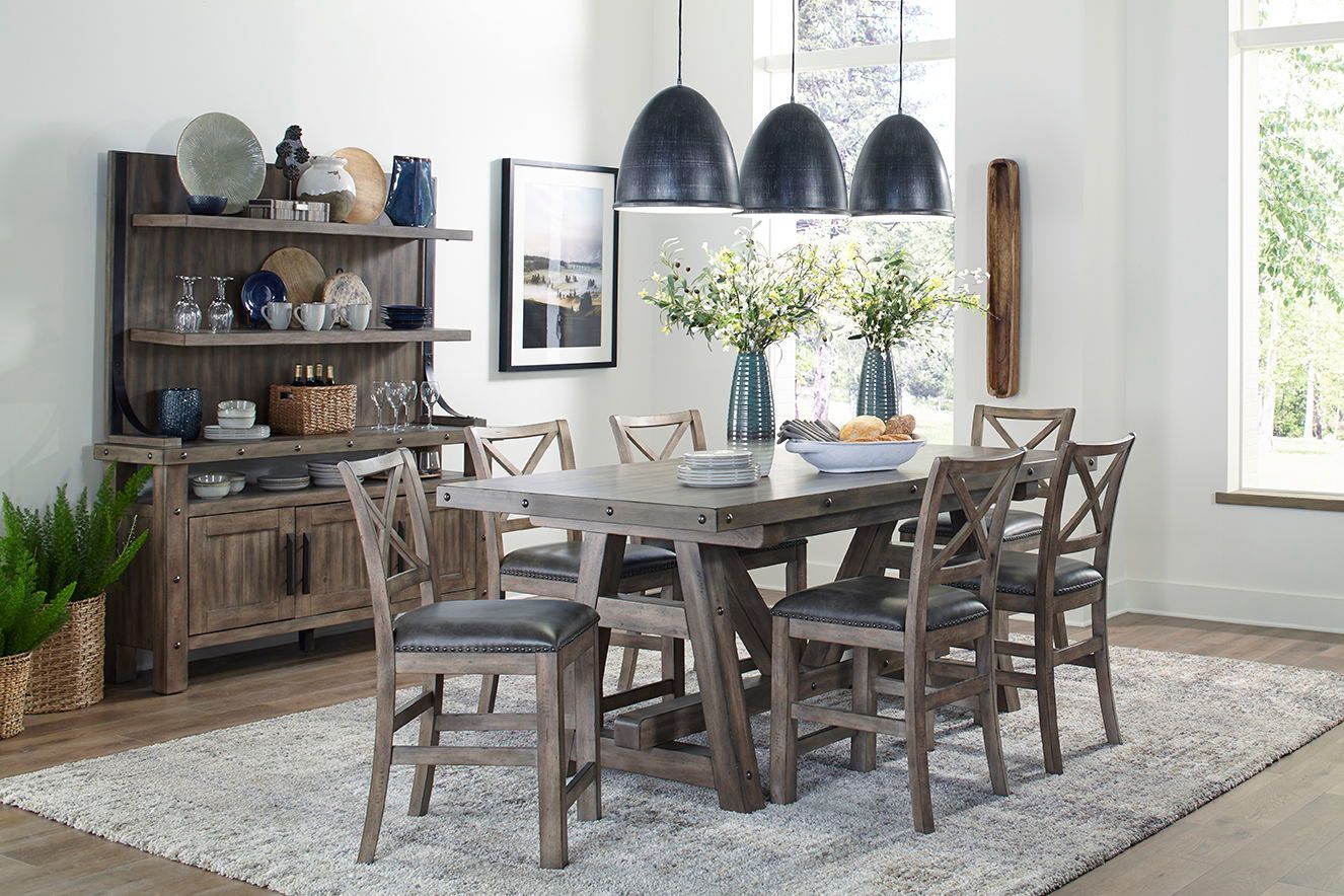 Lodge Dining - Counter Height Extendable Table With 6 Stools And Buffet With Hutch - Siltstone