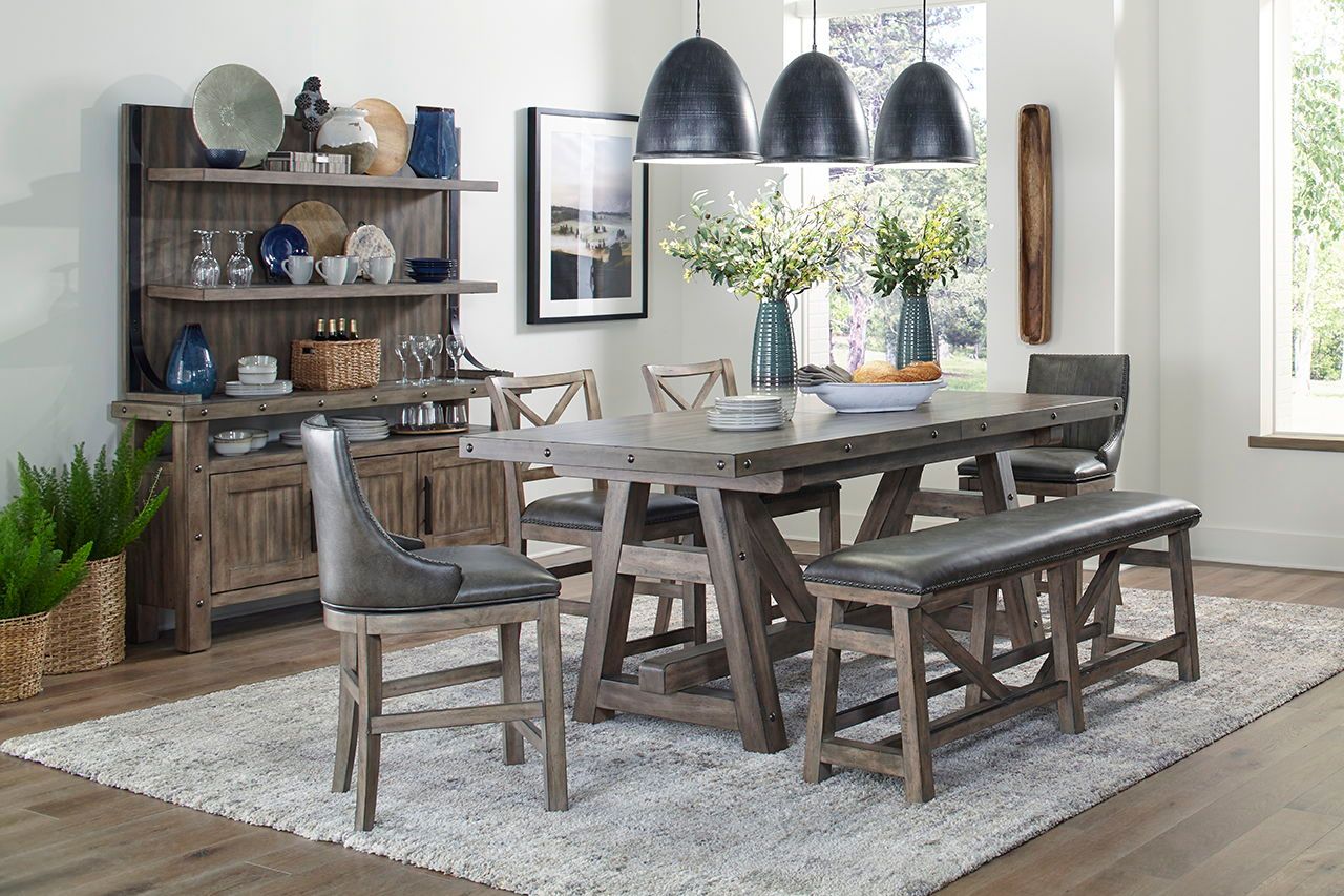 Lodge Dining - Counter Height Extendable Table With 2 Sling Stools 2 X-Back Stools 1 Bench Buffet With Hutch - Siltstone