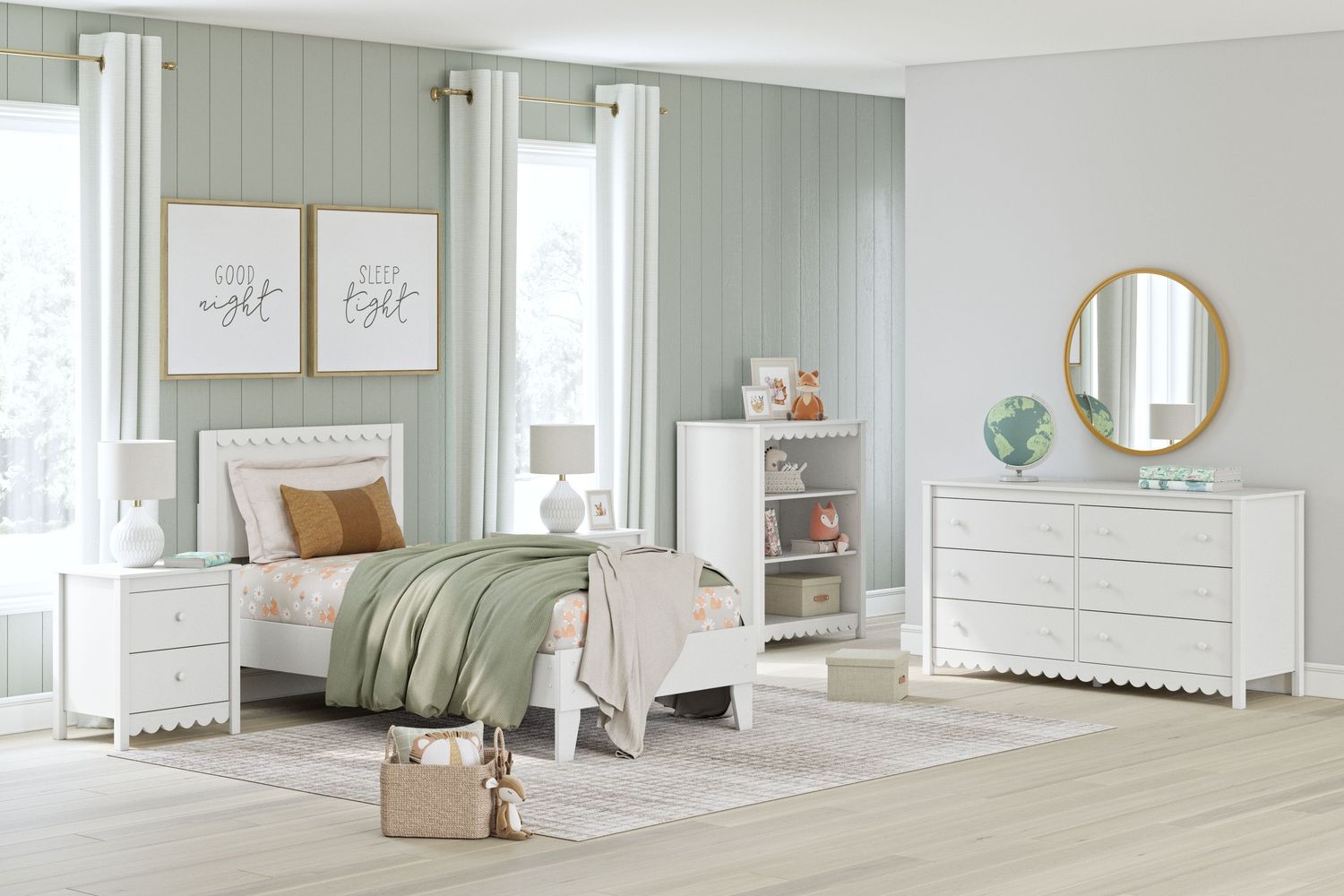Hallityn - White - 6 Pc. - Bookcase, Dresser, Twin Panel Platform Bed, 2 Nightstands