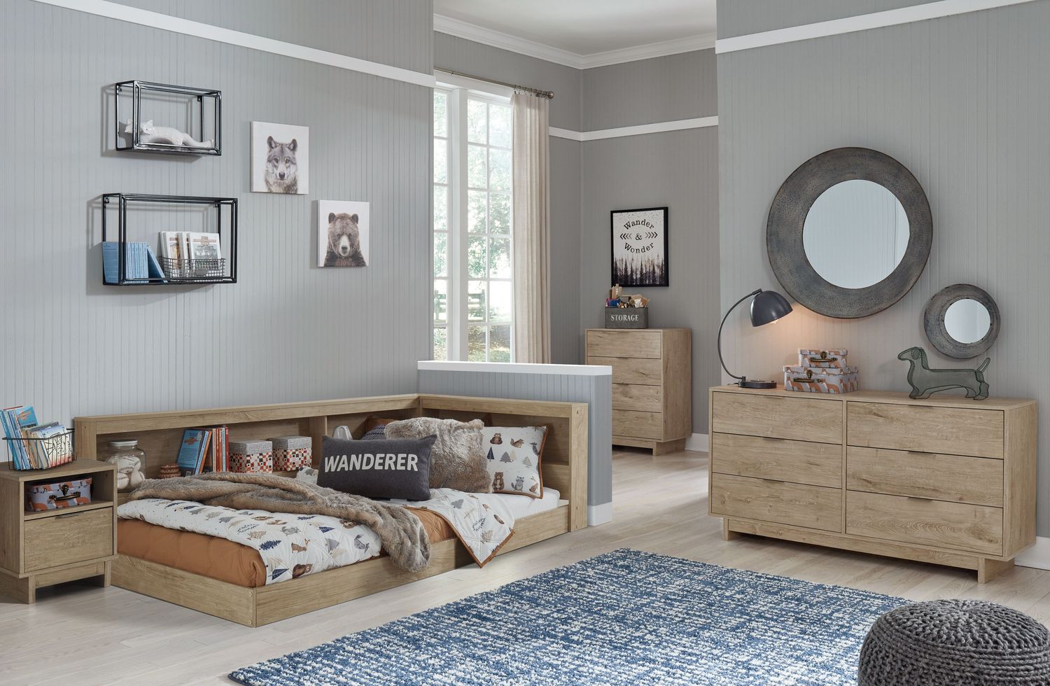 Oliah - Natural - 3 Pc. - Dresser, Twin Bookcase Storage Bed
