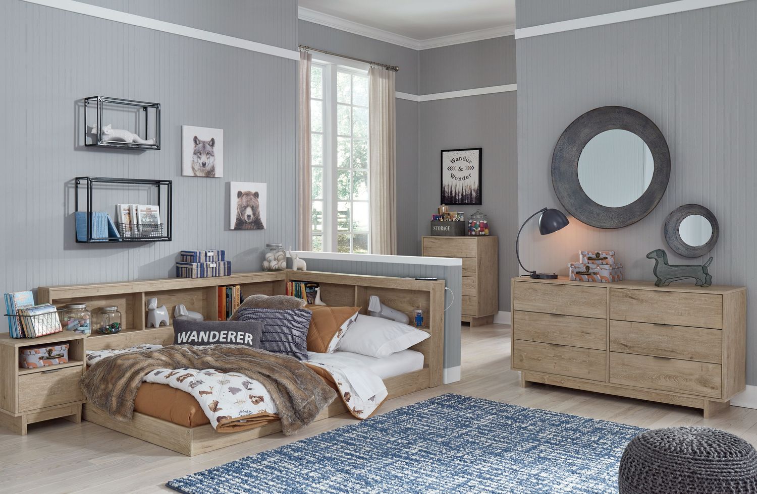 Oliah - Natural - 3 Pc. - Dresser, Full Bookcase Storage Bed