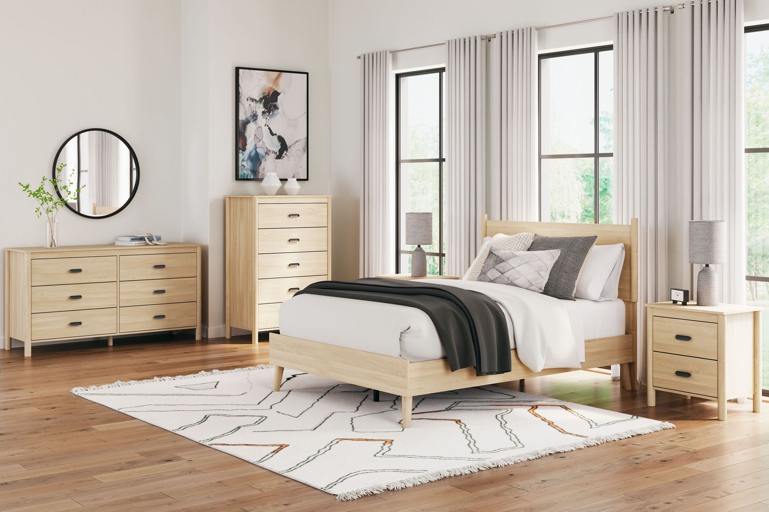 Cabinella - Tan - 6 Pc. - Dresser, Chest, Full Platform Panel Bed, 2 Nightstands