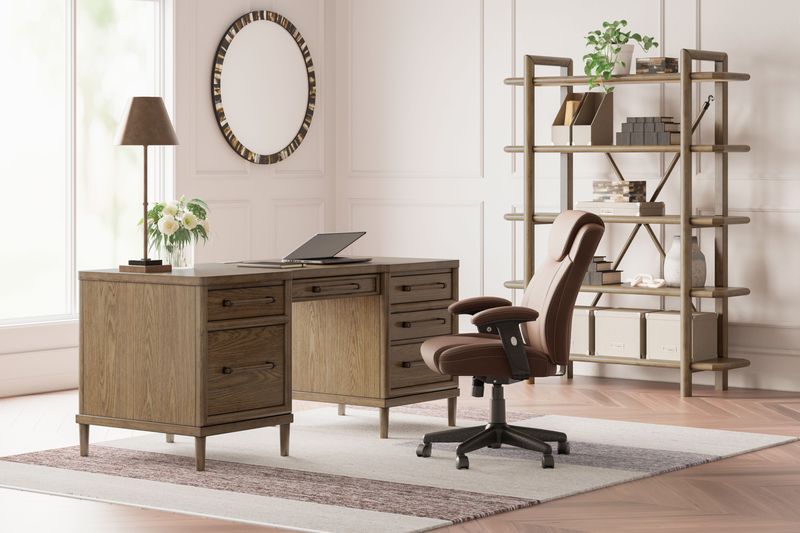 Roanhowe - Brown - 3 Pc. - Home Office Desk, Bookcase, Swivel Desk Chair