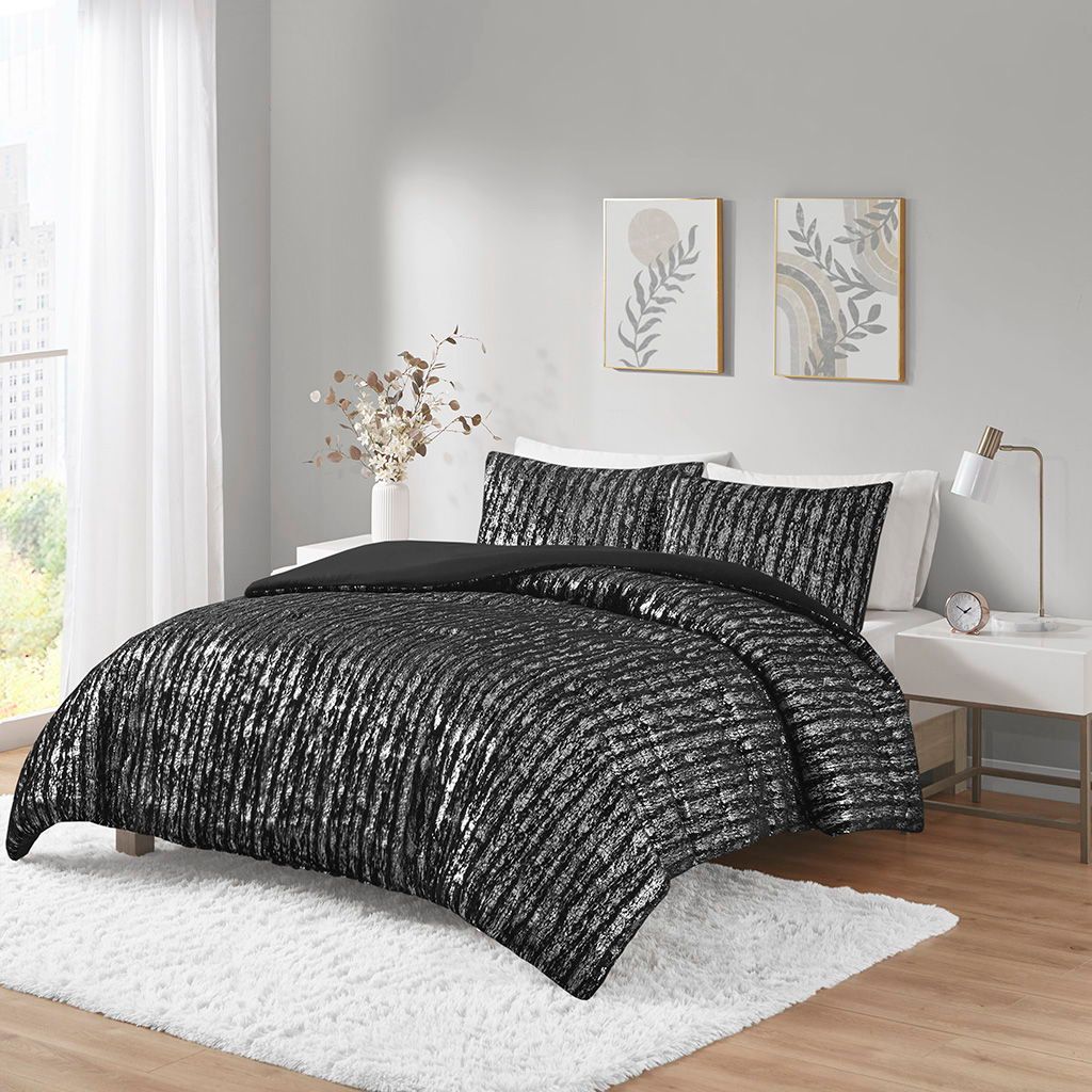 Naomi - Full Metallic Print Faux Fur Duvet Cover Set - Black/Silver