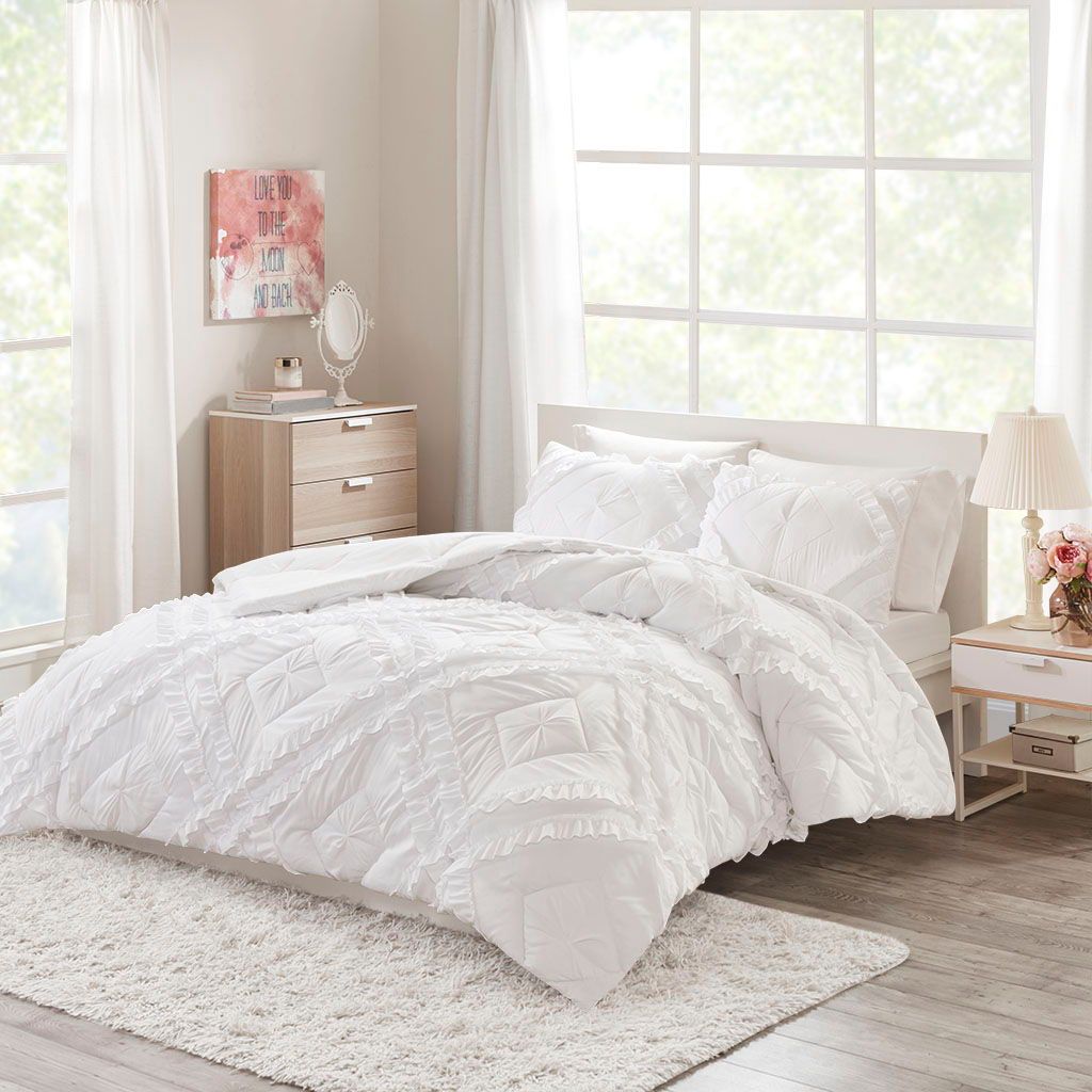 Kacie - Solid Coverlet Set With Tufted Diamond Ruffles - White