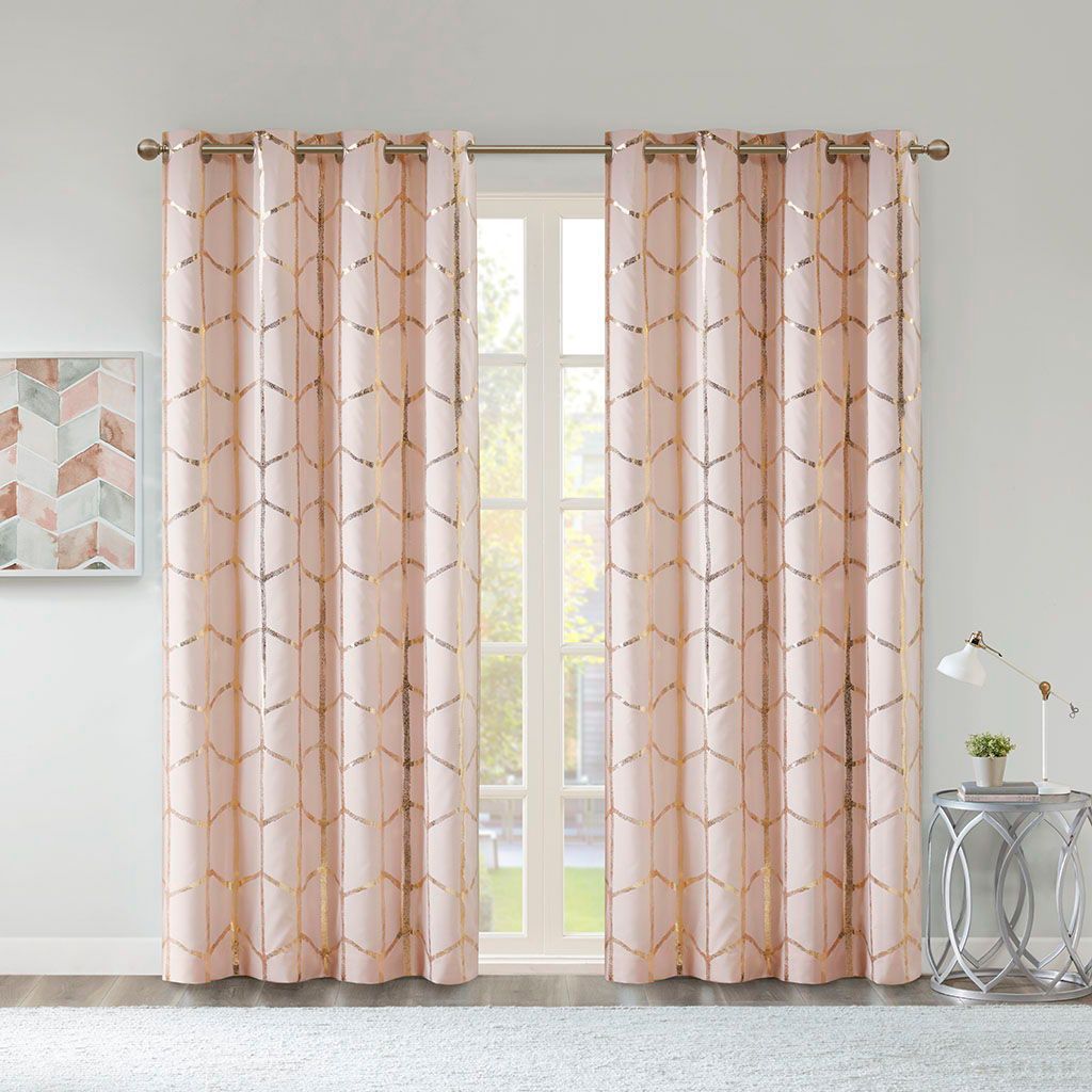 Raina - 63" Total Blackout Metallic Print Grommet Top Curtain Panel - Blush / Gold