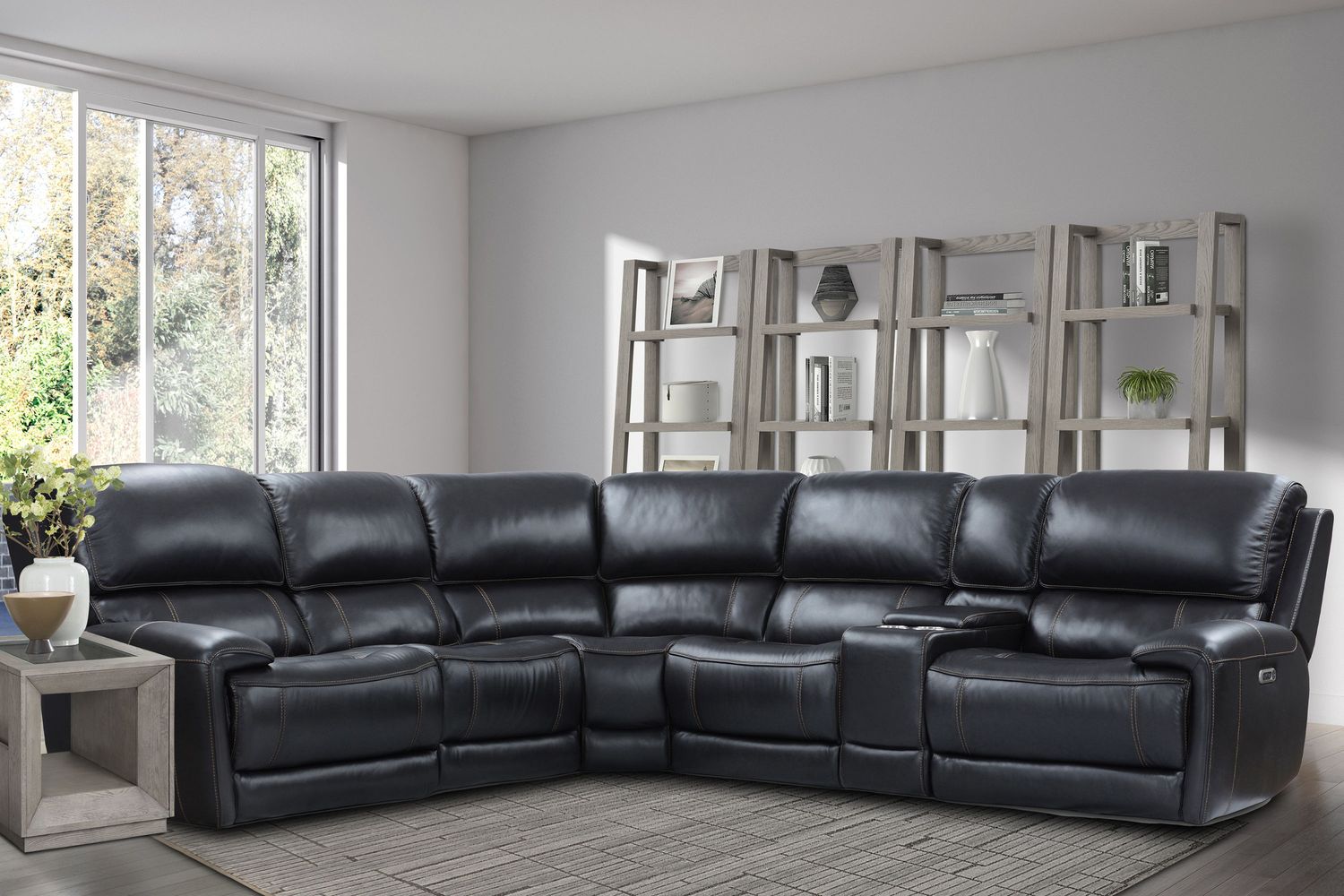 Empire - 6 Piece Modular Power Reclining Sectional with Power Headrests and Entertainment Console - Verona Blackberry