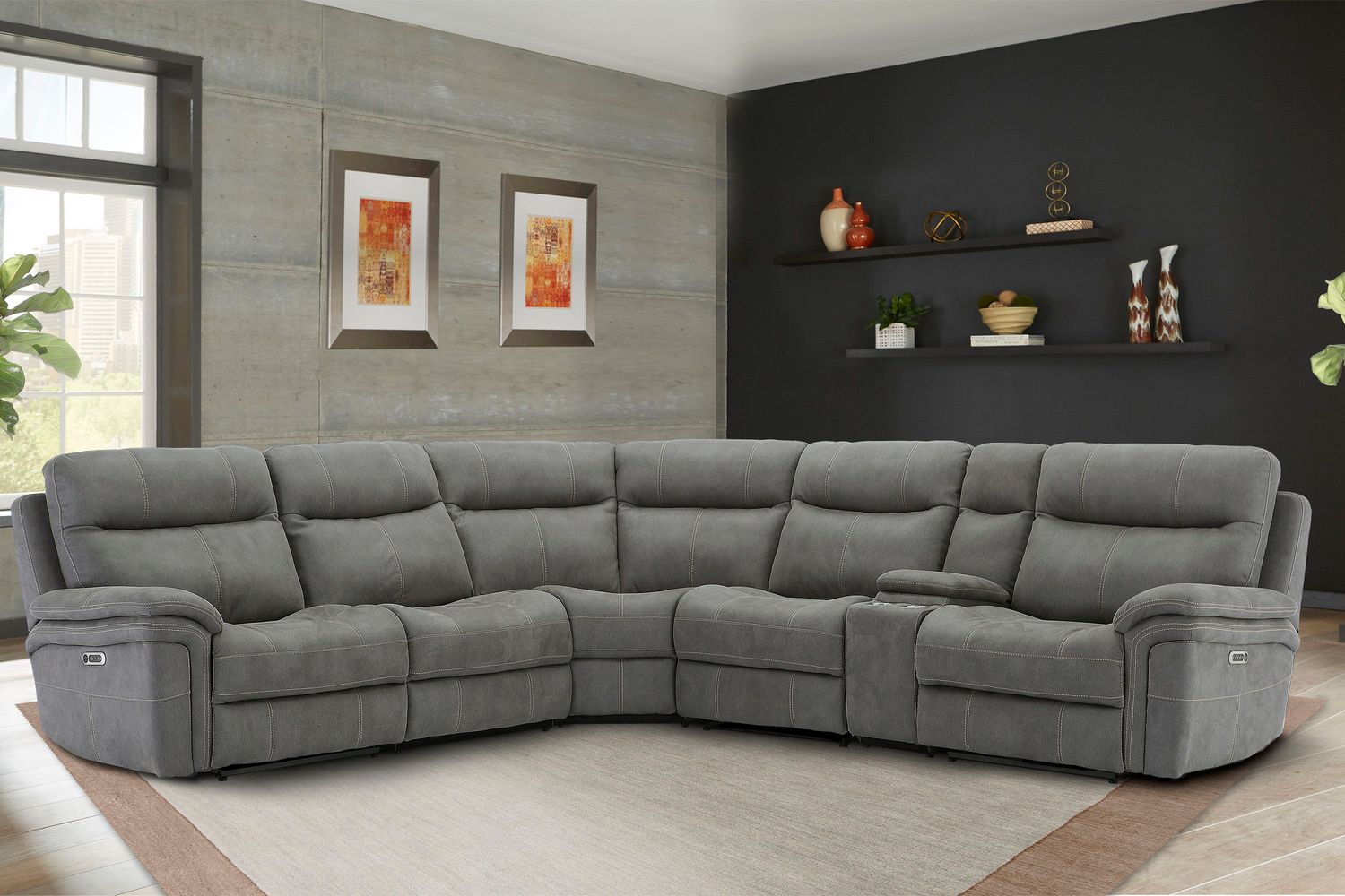 Mason - 6 Piece Modular Power Reclining Sectional with Power Headrests and Entertainment Console - CARBON