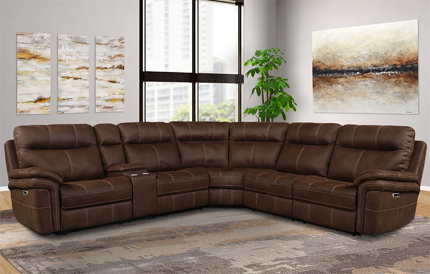 Mason - 6 Piece Modular Power Reclining Sectional with Power Headrests and Entertainment Console - DARK KAHLUA