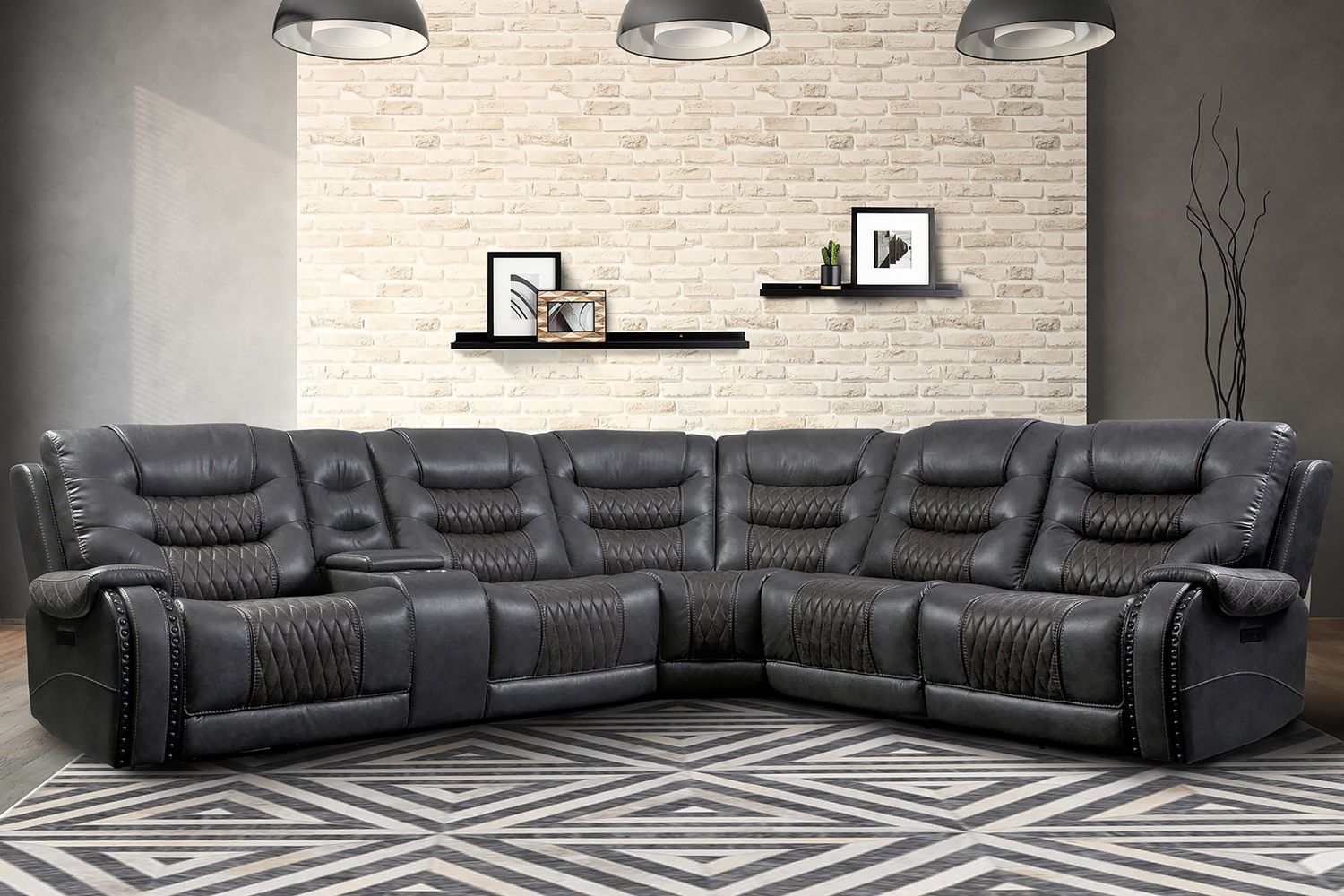 Outlaw - 6 Piece Modular Power Sectional with Drop Down Table and Power Headrests and Entertainment Console - STALLION