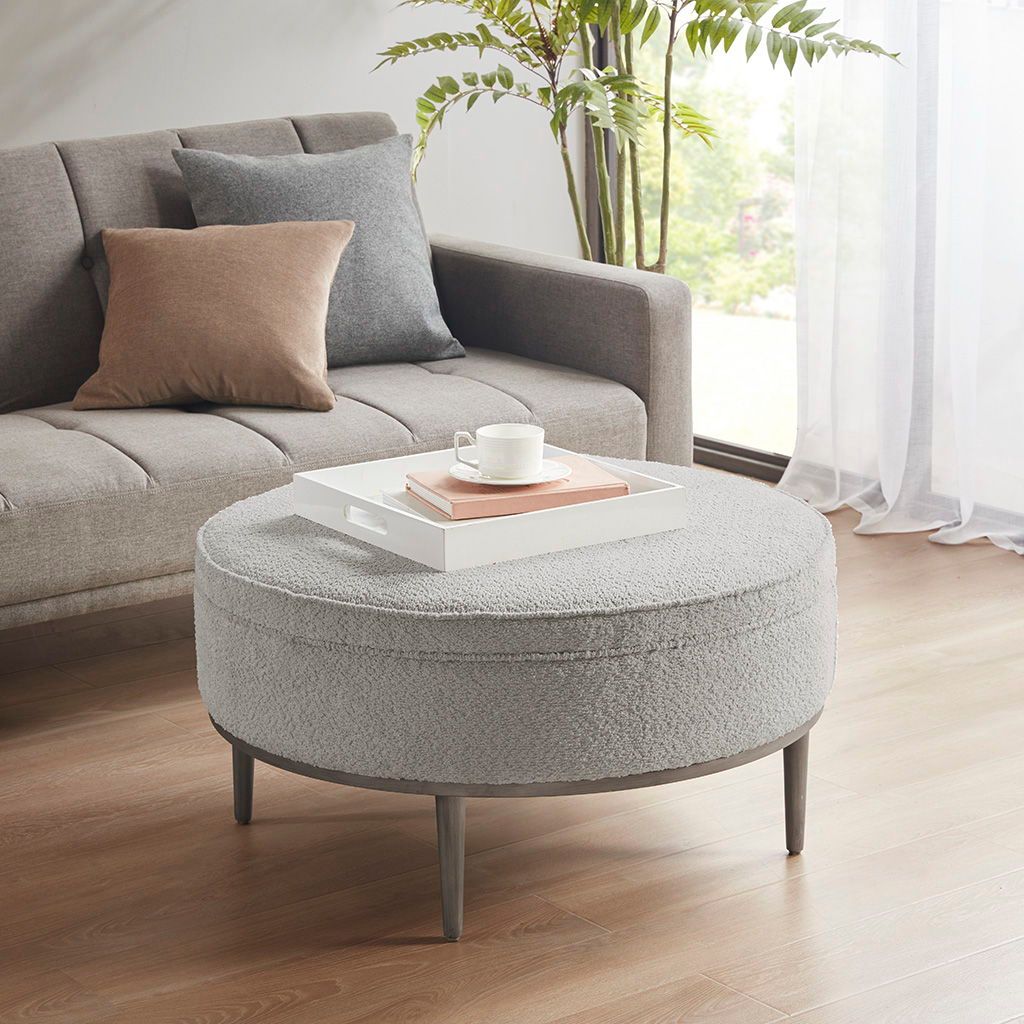 Harriet - Upholstered Round Cocktail Ottoman With Metal Base - Grey